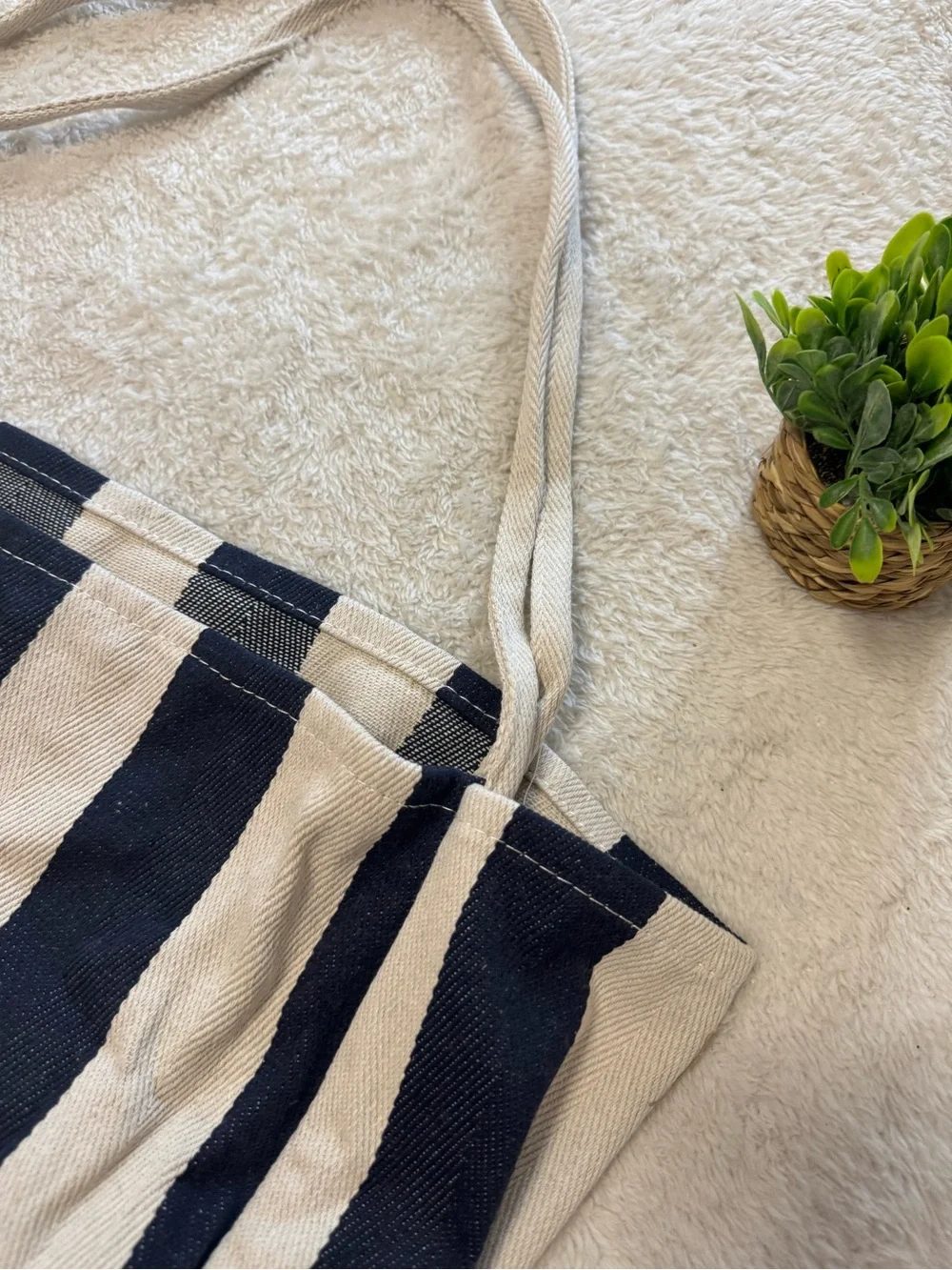 New Navy Blue Striped Canvas Tote Shoulder Bag